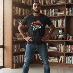 Black Tee with Bold Red, black and green Graphics